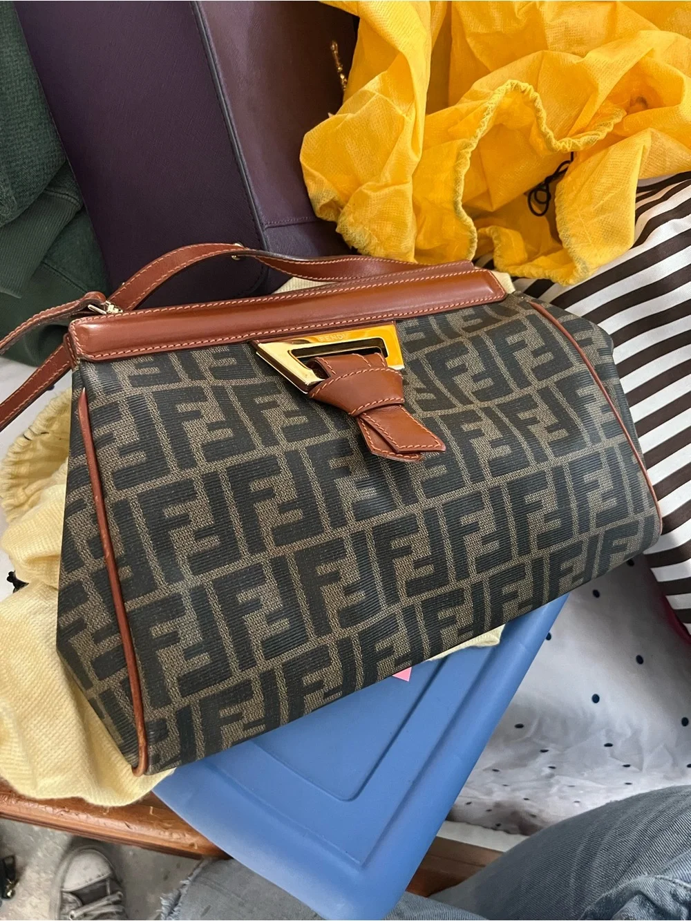 Fendi Brown FF Logo Satchel with Tan Leather Trim
